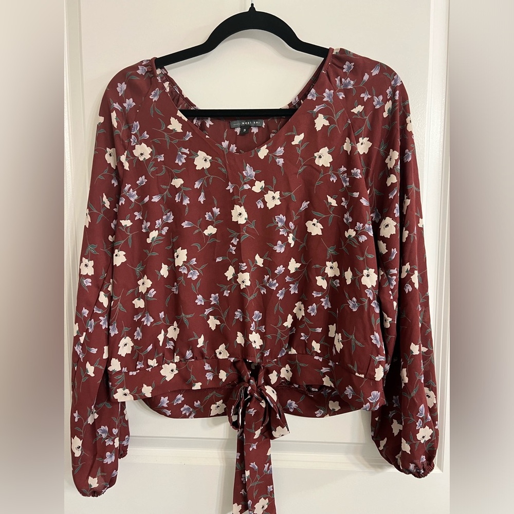 Floral Burgandy Tie Blouse